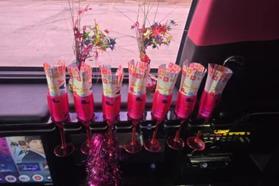 Inside Pinkey pink limo — prom night setup Springfield MO